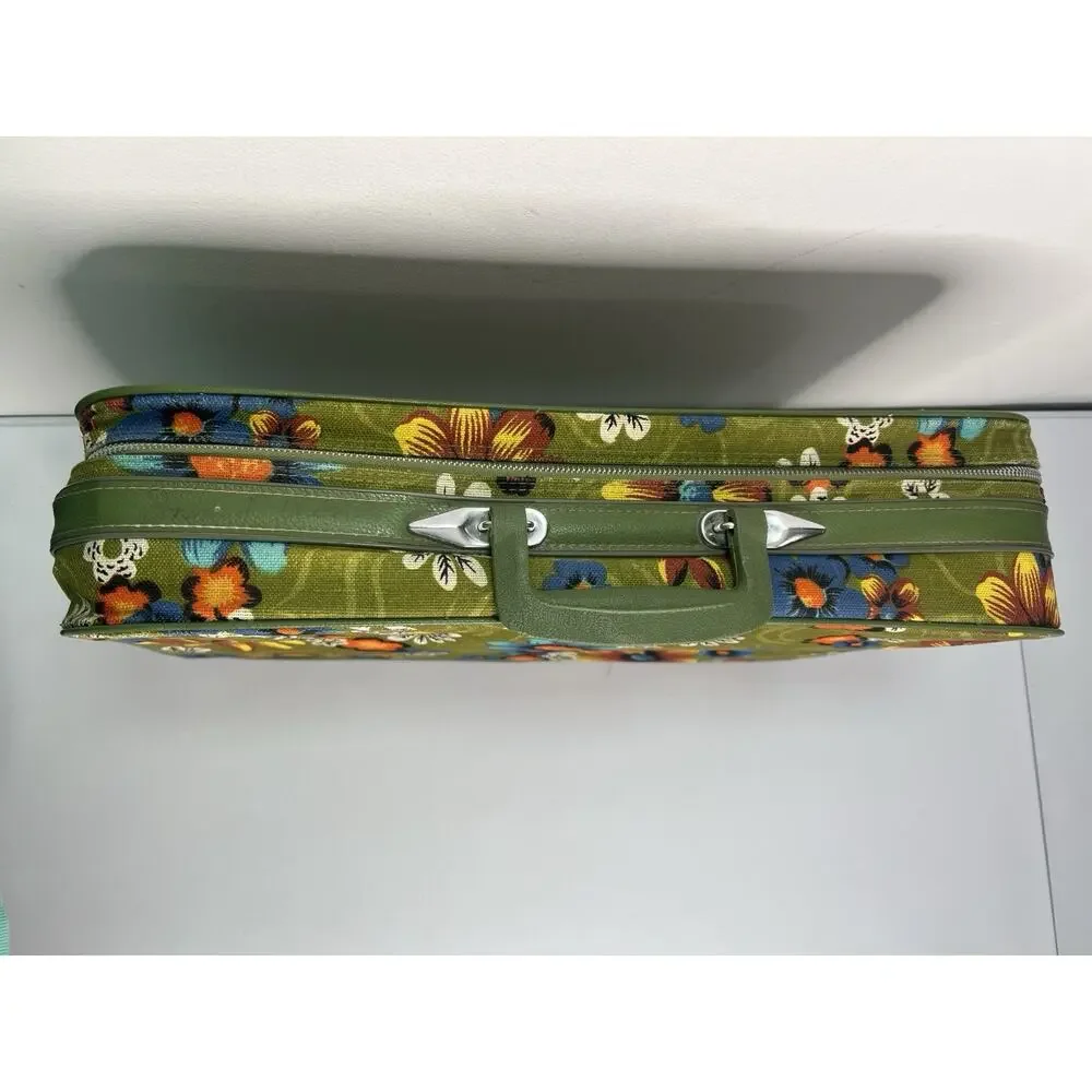 Vintage 1960s Floral Green Bantam Travel Bag Suitcase Retro Mod